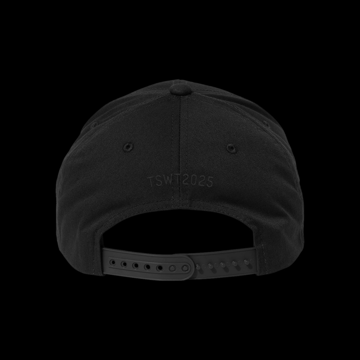 The image displays the back of a black Spiritbox snapback hat featuring an adjustable strap and TSWT2025 embroidered above the opening, all set against a solid black background.
