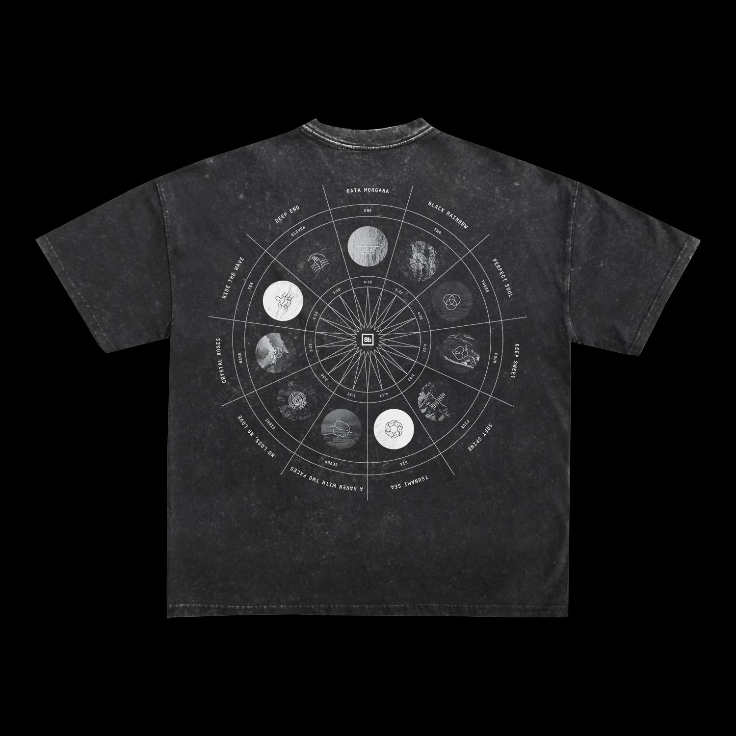 This oversized black Spiritbox t-shirt is made from heavyweight cotton and showcases a radial moon phase diagram and symbols on the back, set against a faded dark background.