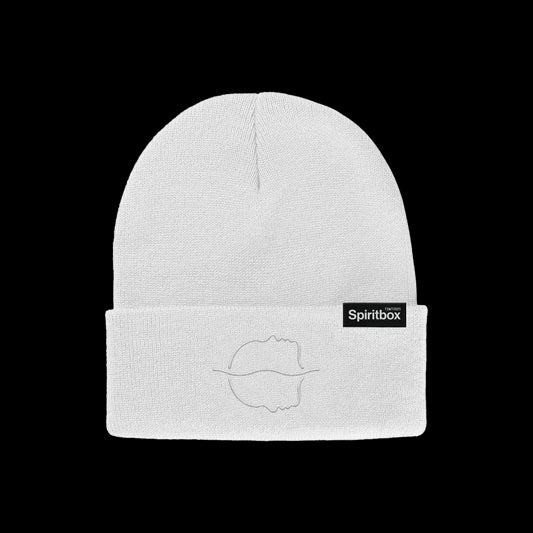 A Spiritbox Heather White Beanie with an embroidered abstract logo on the front and a small black tag on the folded cuff, shown on a black background. Ideal for TSTW 2025 fans.