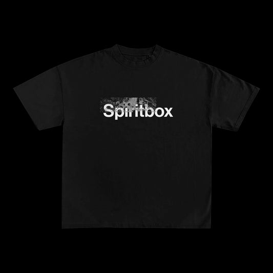 A black Spiritbox t-shirt features bold white Spiritbox lettering across the chest, partially covered by a distressed, textured graphic.