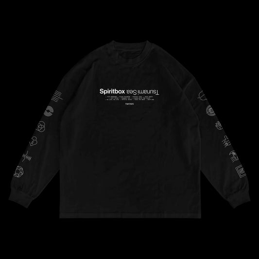 A black long-sleeve Spiritbox T-shirt, made from quality Los Angeles Apparel, features white Spiritbox and Eternal Blue text on the front and white graphic symbols printed along both sleeves.