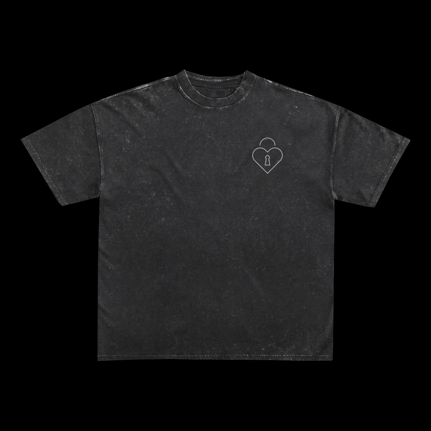 A black, short-sleeve Spiritbox T-shirt featuring a small white heart-shaped padlock graphic on the left chest, displayed on a plain black background.