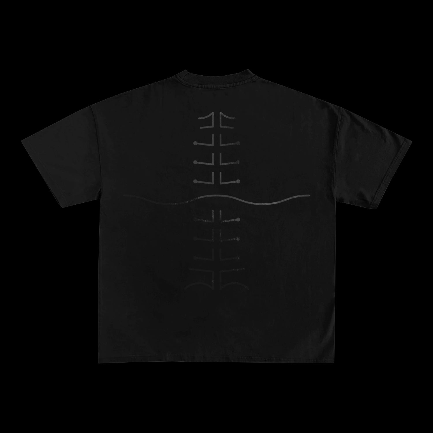 Black Spiritbox t-shirt crafted with Comfort Colors, features a minimalist design on the back: a vertical row of abstract metallic silver symbols intersected by a thin, curved line. Ideal for fans of unique printed garments.