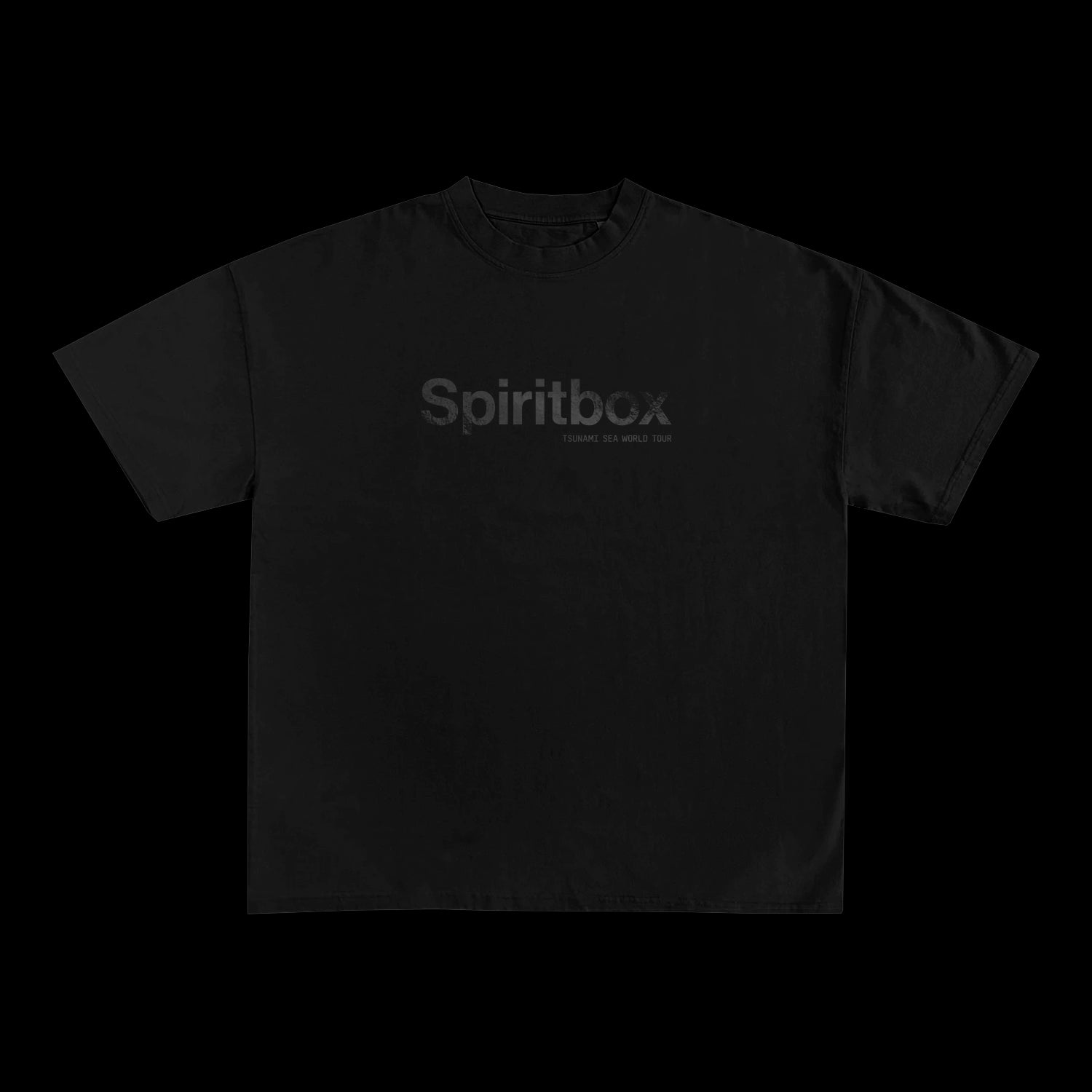 A black Comfort Colors t-shirt by Spiritbox featuring subtle dark gray Spiritbox text and smaller lettering on the chest, highlighting high-quality printing on a solid black background.