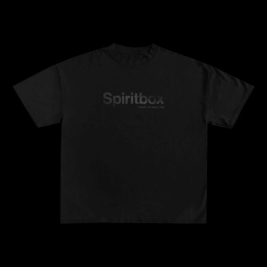 A black Comfort Colors t-shirt by Spiritbox featuring subtle dark gray Spiritbox text and smaller lettering on the chest, highlighting high-quality printing on a solid black background.