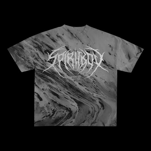 Spiritbox black and grey marble-patterned t-shirt featuring a jagged white Spiritbox logo and “Eternal Blue North American Tour” text on quality Colortone fabric for a unique style.