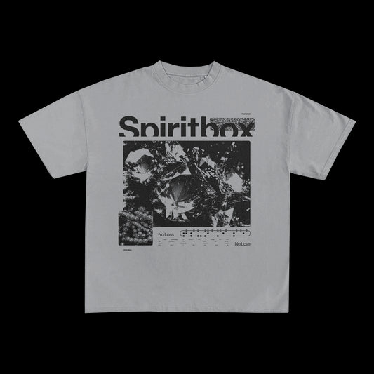 A gray Spiritbox T-shirt with Spiritbox at the top, black-and-white abstract crystal designs, and No Love plus a music player graphic beneath.