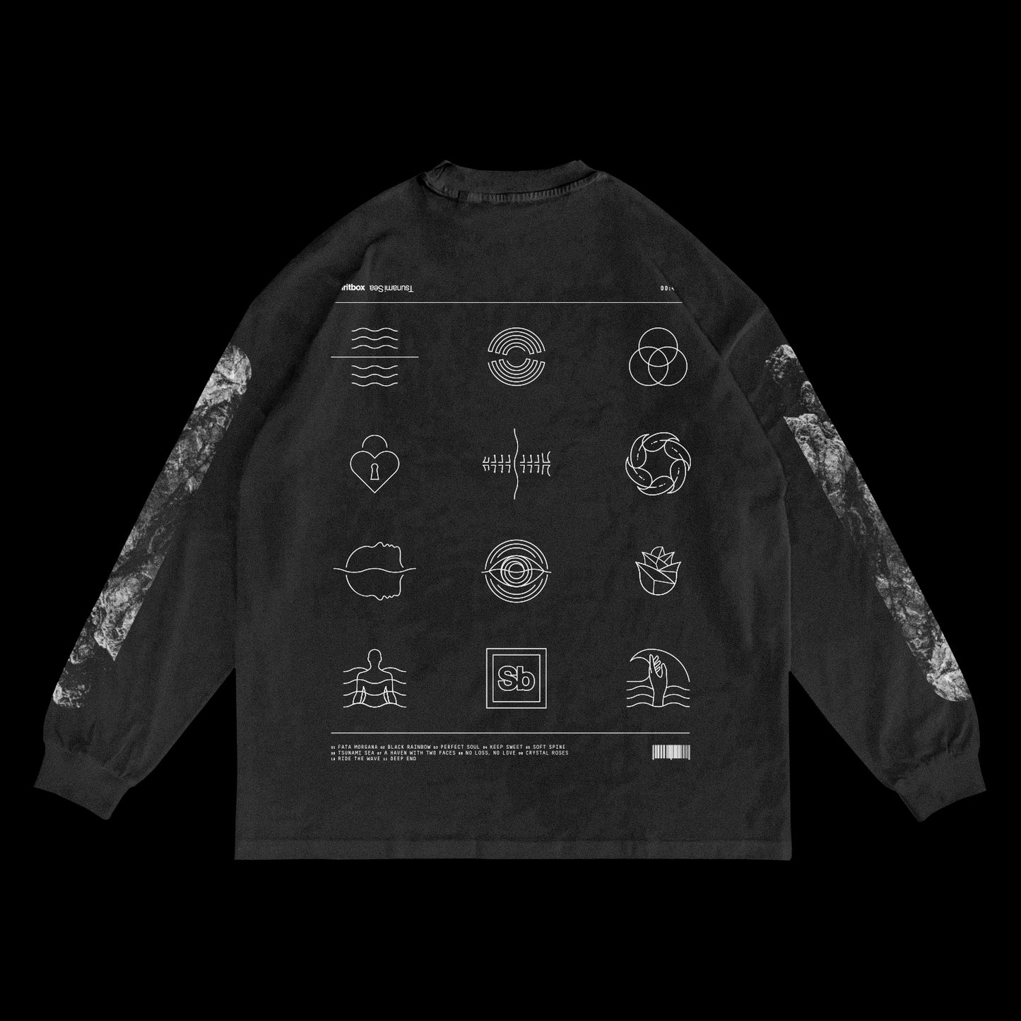 Spiritbox faded black heavyweight long sleeve shirt with white geometric and abstract symbols in a grid on the back, marbled sleeve patterns, small text blocks, and a barcode accent at the bottom.