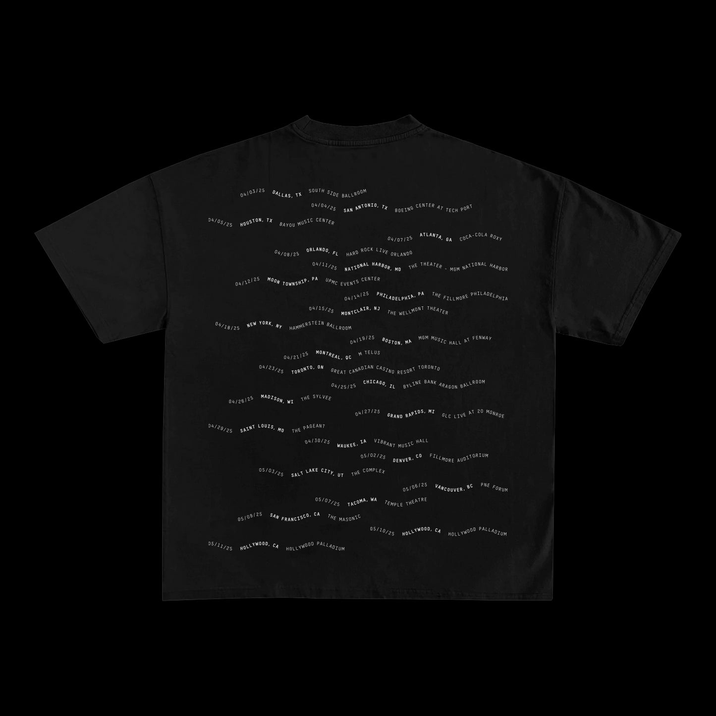 Spiritbox Black Comfort Colors T-shirt displayed from the back, featuring wavy rows of small white printed text across the entire shirt. Plain black background highlights the garment’s unique design.