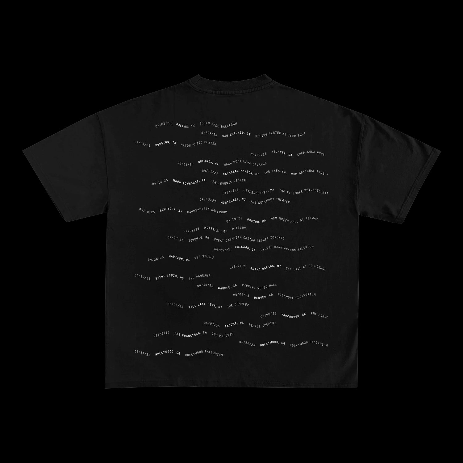 Spiritbox Black Comfort Colors T-shirt displayed from the back, featuring wavy rows of small white printed text across the entire shirt. Plain black background highlights the garment’s unique design.