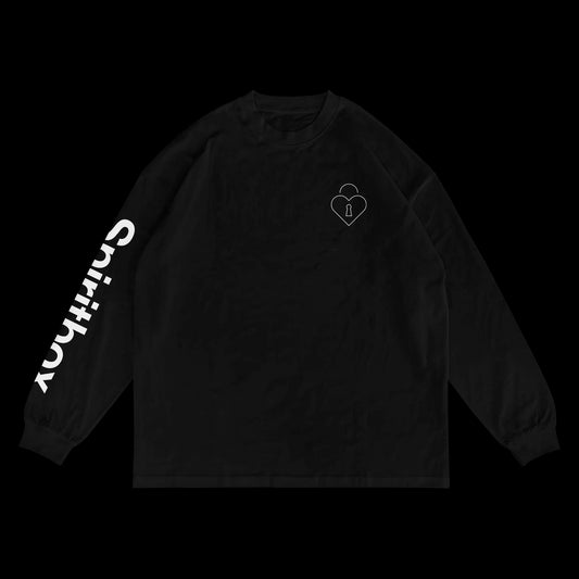 A black heavyweight long sleeve shirt from Spiritbox, featuring Spiritbox in bold white letters down the right sleeve and a small heart-shaped lock graphic on the left chest.