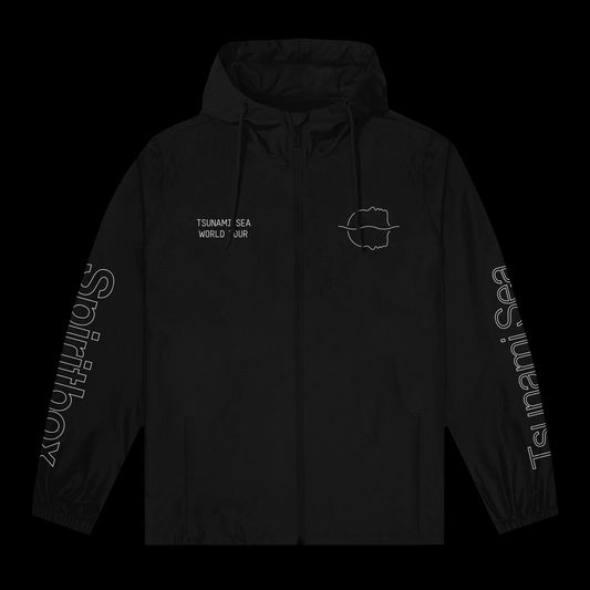 Spiritbox black hooded jacket featuring white printed text and graphics on premium ASCOLOUR fabric: TSUNAMI SEA WORLD TOUR on the left chest, Spiritboy on the right sleeve, Tsunami Sea on the left, and a circular logo on the right chest.