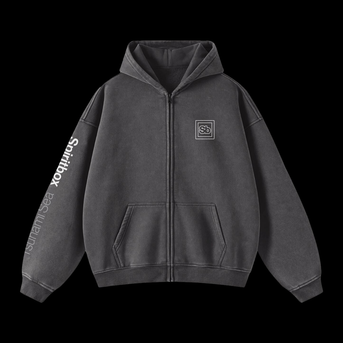A black French terry cotton zip-up hoodie by Spiritbox featuring a front pocket, Spiritbox in white on the right sleeve, and a small square logo on the left chest. Displayed on a plain black background.