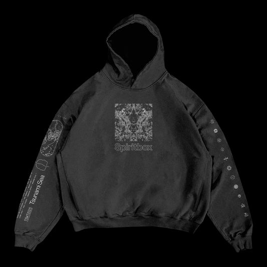 A black Spiritbox hoodie with a bold central abstract graphic and logo on the chest, plus unique designs and text down both sleeves—crafted from high-quality Los Angeles Apparel garments.