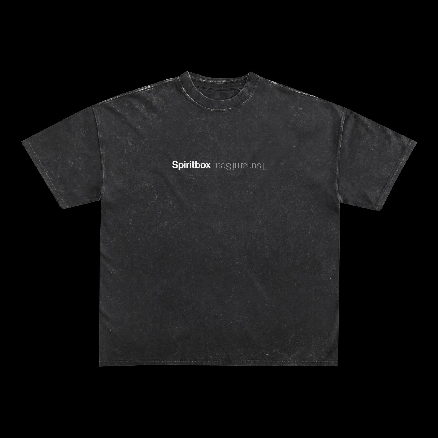 A heavyweight, black stone wash t-shirt from Spiritbox features Spiritbox in white and Luminant in gray, upside-down across the chest. The oversized shirt is shown against a solid black background.