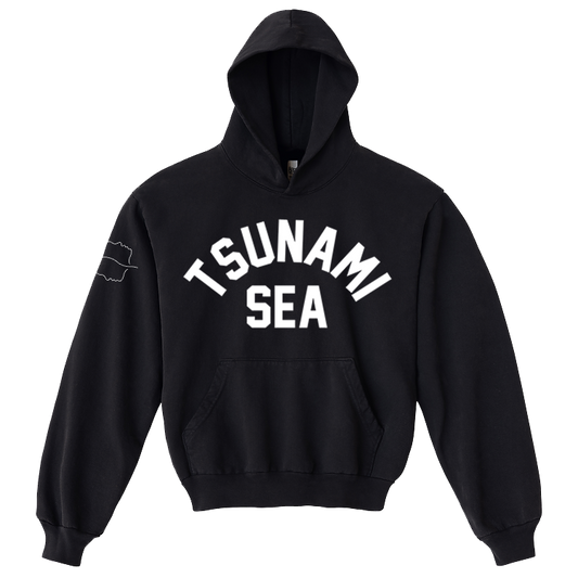 Black hooded sweatshirt by Spiritbox with TSUNAMI SEA in large white letters on the front and a small wave outline on the sleeve. Features a front pocket, ribbed cuffs, and bold printed garment style. Premium Los Angeles Apparel piece.
