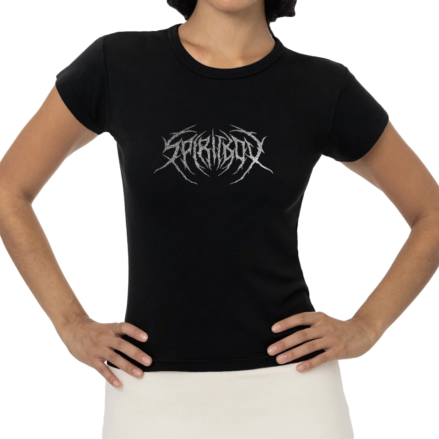 A person wearing a fitted black Spiritbox baby rib t-shirt with a spiky, stylized white logo on the chest stands with hands on hips against a plain background, highlighting classic style.