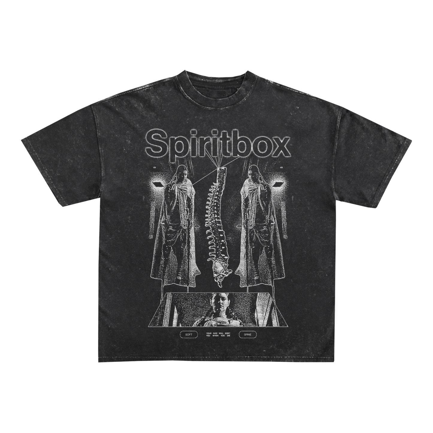 A premium black Spiritbox t-shirt with distressed white art: “Spiritbox” at the top, two hooded figures, a dangling spine, and a woman's face in a rectangle—crafted using high-quality Los Angeles apparel.