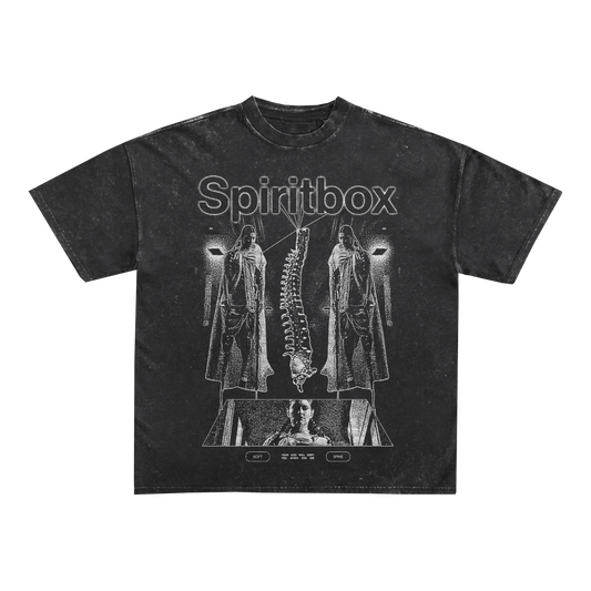 A premium black Spiritbox t-shirt with distressed white art: “Spiritbox” at the top, two hooded figures, a dangling spine, and a woman's face in a rectangle—crafted using high-quality Los Angeles apparel.