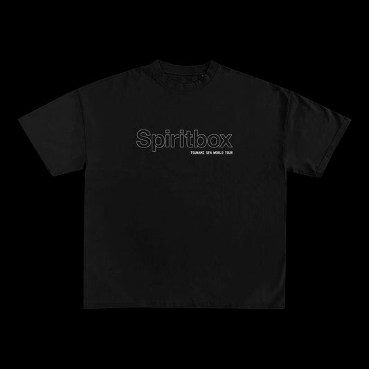 Spiritbox black Comfort Colors T-shirt featuring Spiritbox in large outlined letters and TSUNAMI SEA WORLD TOUR in small white text beneath, both centered on the chest. Displayed on a plain black background.