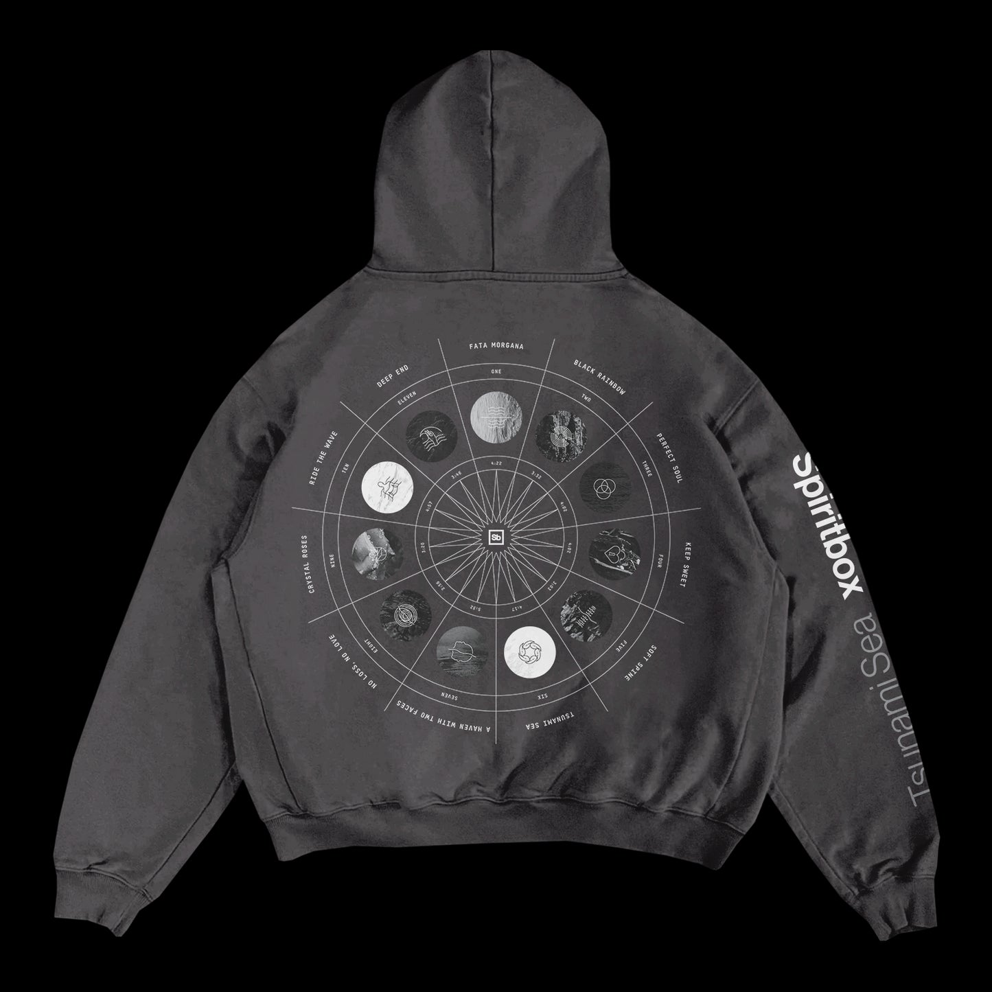 A black Spiritbox Zodiac Vintage Hoodie made from premium French Terry Cotton, featuring a circular zodiac chart and astrological symbols on the back. “Spiritbox” and “Tsunami Sea” are printed in white on the right sleeve.
