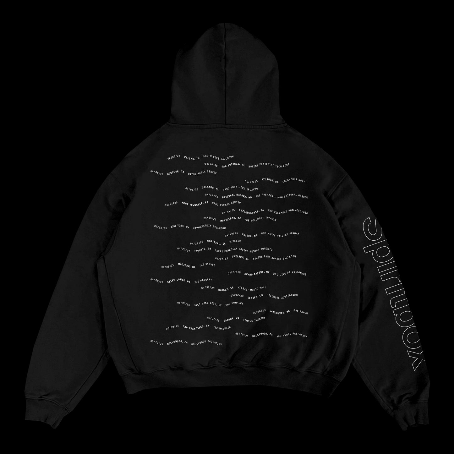 Spiritbox black hoodie featuring bold white, wave-like repeated text and a small uniform font on the back, with Spiritbox printed vertically down the right sleeve.
