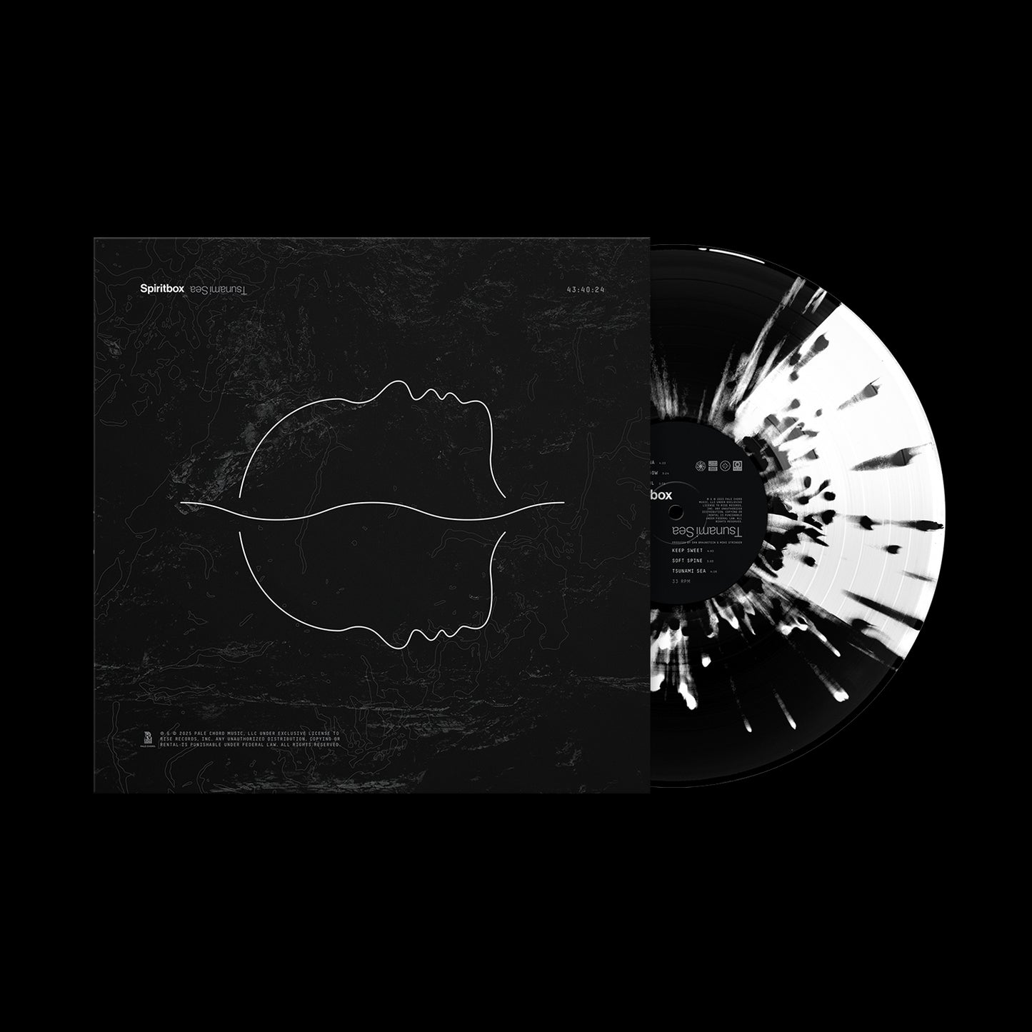 A black and white splatter Quad Vinyl LP by Spiritbox is partly removed from a black square cover, which showcases minimalist line art of mirrored faces and faint, map-like Tsunami Sea patterns.