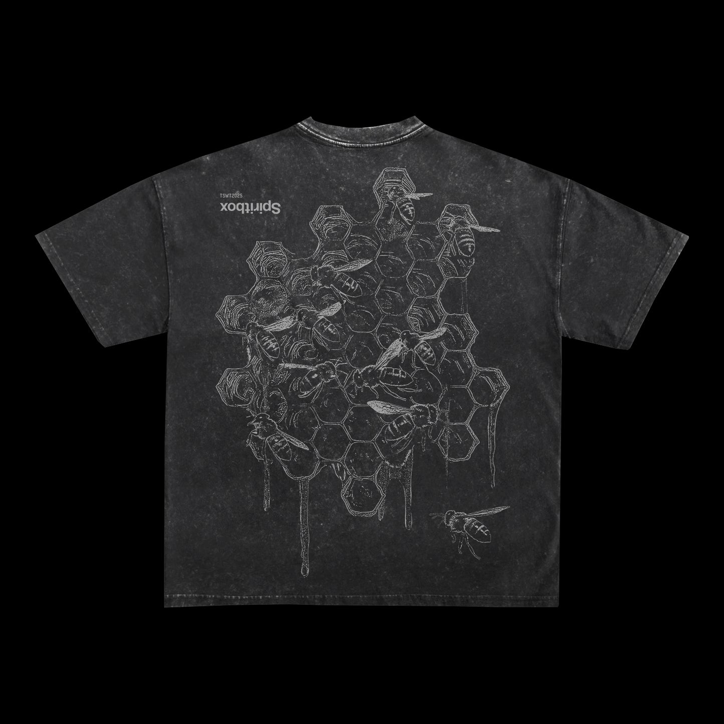 Faded black Spiritbox dyed garment with a white sketch on the back, showing intertwined bees, honeycombs, and human faces. The word Spiritbox is printed near the upper left shoulder.