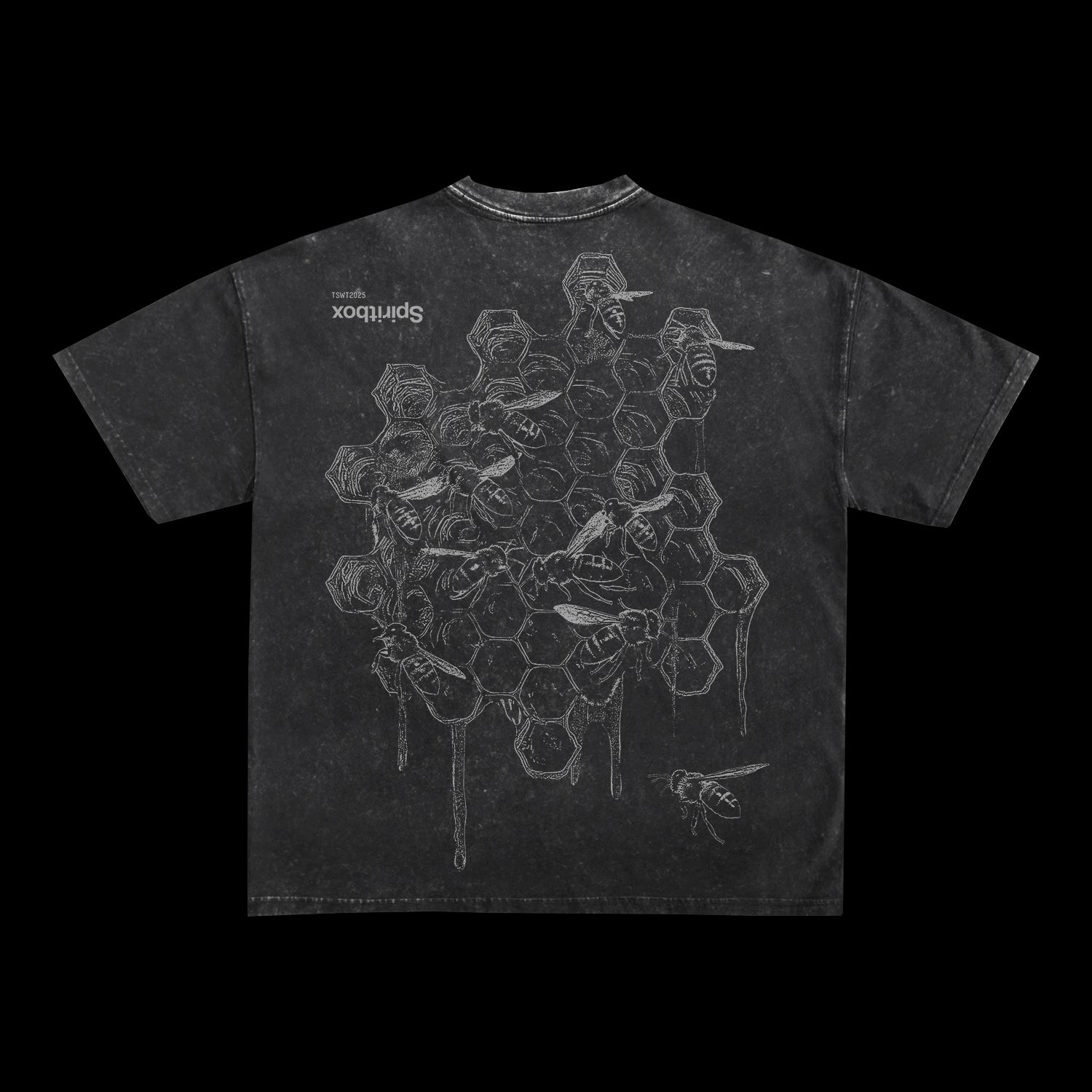 Faded black Spiritbox dyed garment with a white sketch on the back, showing intertwined bees, honeycombs, and human faces. The word Spiritbox is printed near the upper left shoulder.