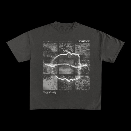 The Spiritbox Pepper T-Shirt is black with a white abstract head outline over nine grayscale water-patterned squares. “Spiritbox” and “Eternal Blue” are printed in white, echoing the album's track list.