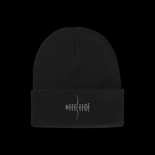 A black Spiritbox winter beanie with a folded brim, featuring a minimalist white embroidered spine icon of abstract lines and curves on the front.