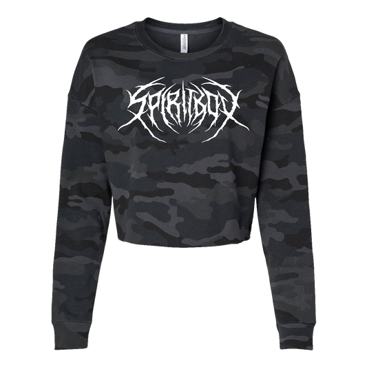 A black and dark gray cropped camo sweatshirt by Spiritbox, featuring long sleeves and bold white graphic text in a stylized, jagged font printed across the chest.