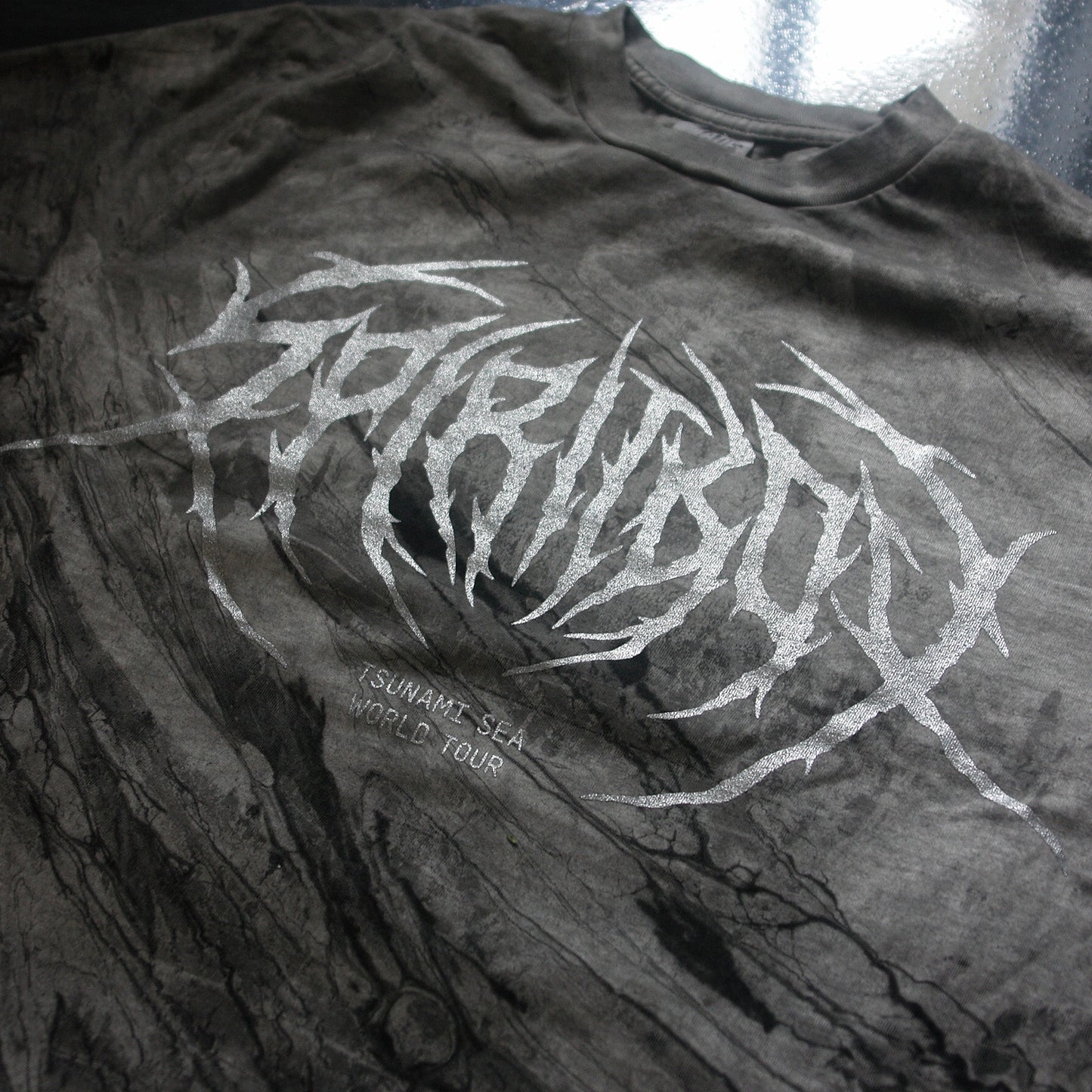 Death Metal Logo Silver Glitter Print Grey Marble Tie Dye T-Shirt
