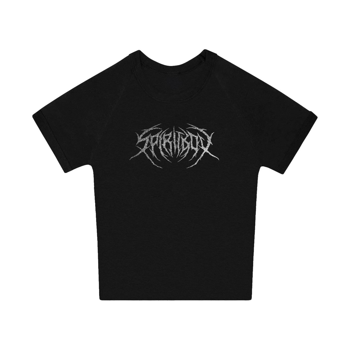 A black ribbed baby t-shirt by Spiritbox featuring a silver spiky graphic logo across the chest, shown on a plain white background and inspired by LA modern style.