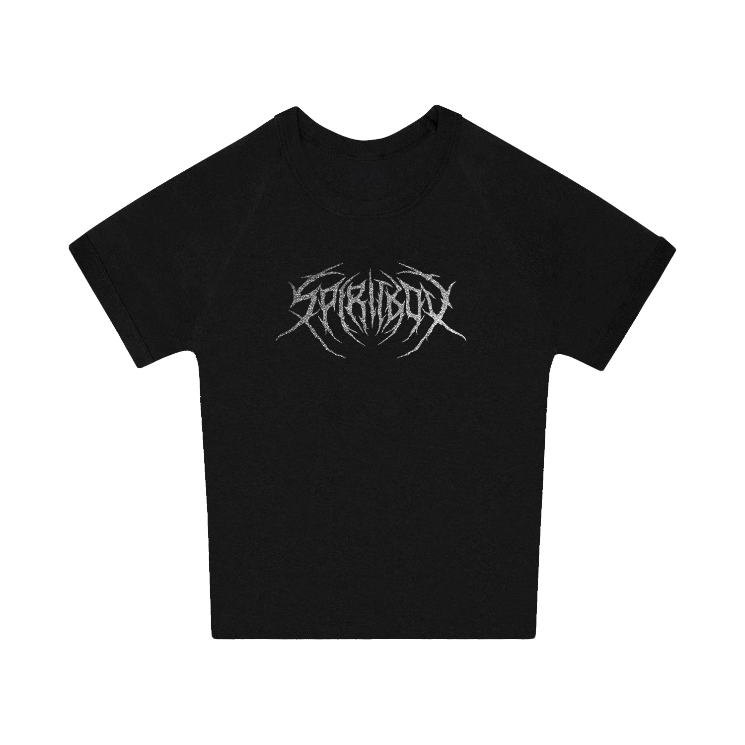 A black ribbed baby t-shirt by Spiritbox featuring a silver spiky graphic logo across the chest, shown on a plain white background and inspired by LA modern style.