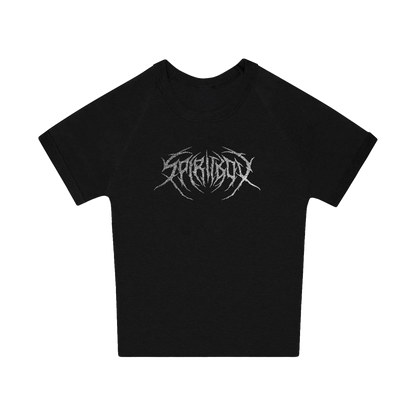 A black ribbed baby t-shirt by Spiritbox featuring a silver spiky graphic logo across the chest, shown on a plain white background and inspired by LA modern style.
