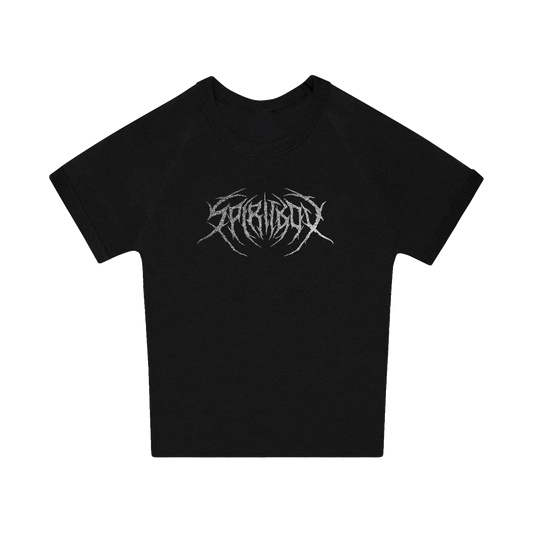 A black ribbed baby t-shirt by Spiritbox featuring a silver spiky graphic logo across the chest, shown on a plain white background and inspired by LA modern style.