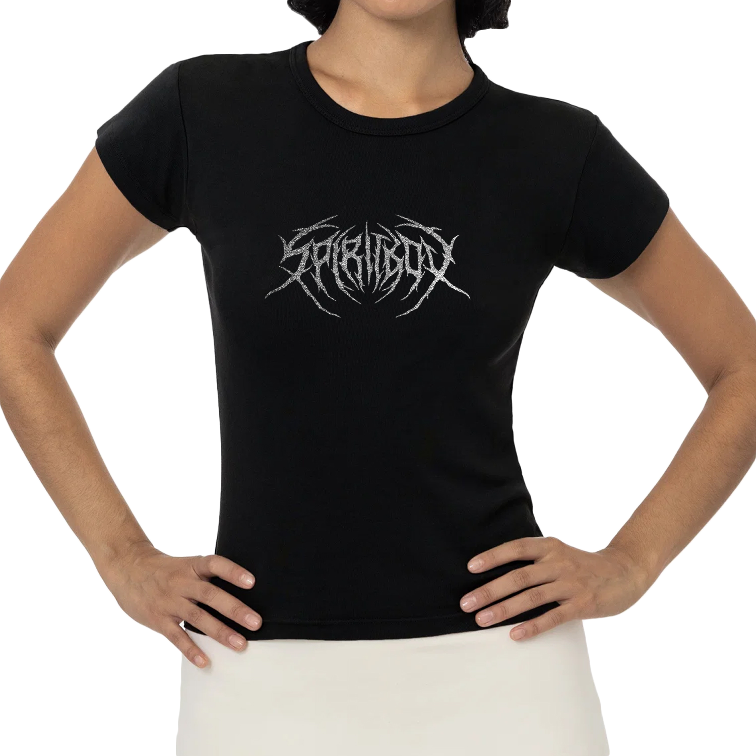 A person wearing a fitted black Spiritbox baby rib t-shirt with a spiky, stylized white logo on the chest stands with hands on hips against a plain background, highlighting classic style.