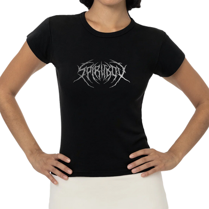 A person wearing a fitted black Spiritbox baby rib t-shirt with a spiky, stylized white logo on the chest stands with hands on hips against a plain background, highlighting classic style.