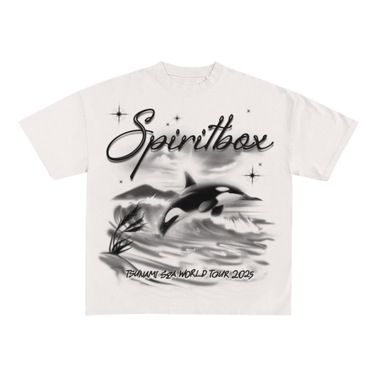 White T-shirt by Spiritbox featuring their script logo, a leaping orca over waves with stars and grass, and "TSUNAMI 523 WORLD TOUR 2023" in stylized text—a standout design among printed tees.