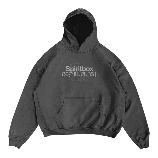 A dark gray hooded sweatshirt from Spiritbox with a front pocket. “Spiritbox” and “Eternal Blue” (upside down) are printed in gray on the chest, plus a small geometric wrist accent for a unique touch.