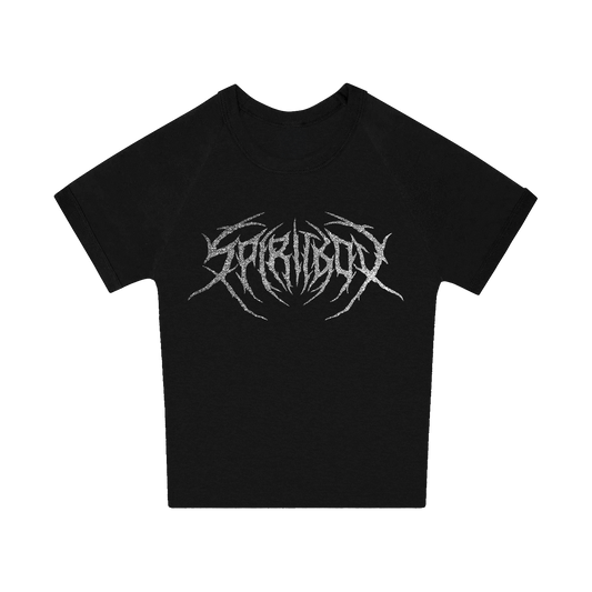 A black short-sleeve t-shirt from Spiritbox features a silver, sharp-edged, stylized graphic logo across the chest, set against a plain white background.