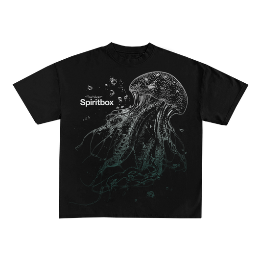 Spiritbox black t-shirt with a detailed white and blue jellyfish illustration and "Spiritbox" in white text on the upper left side—a standout piece for fans of quality printed apparel.