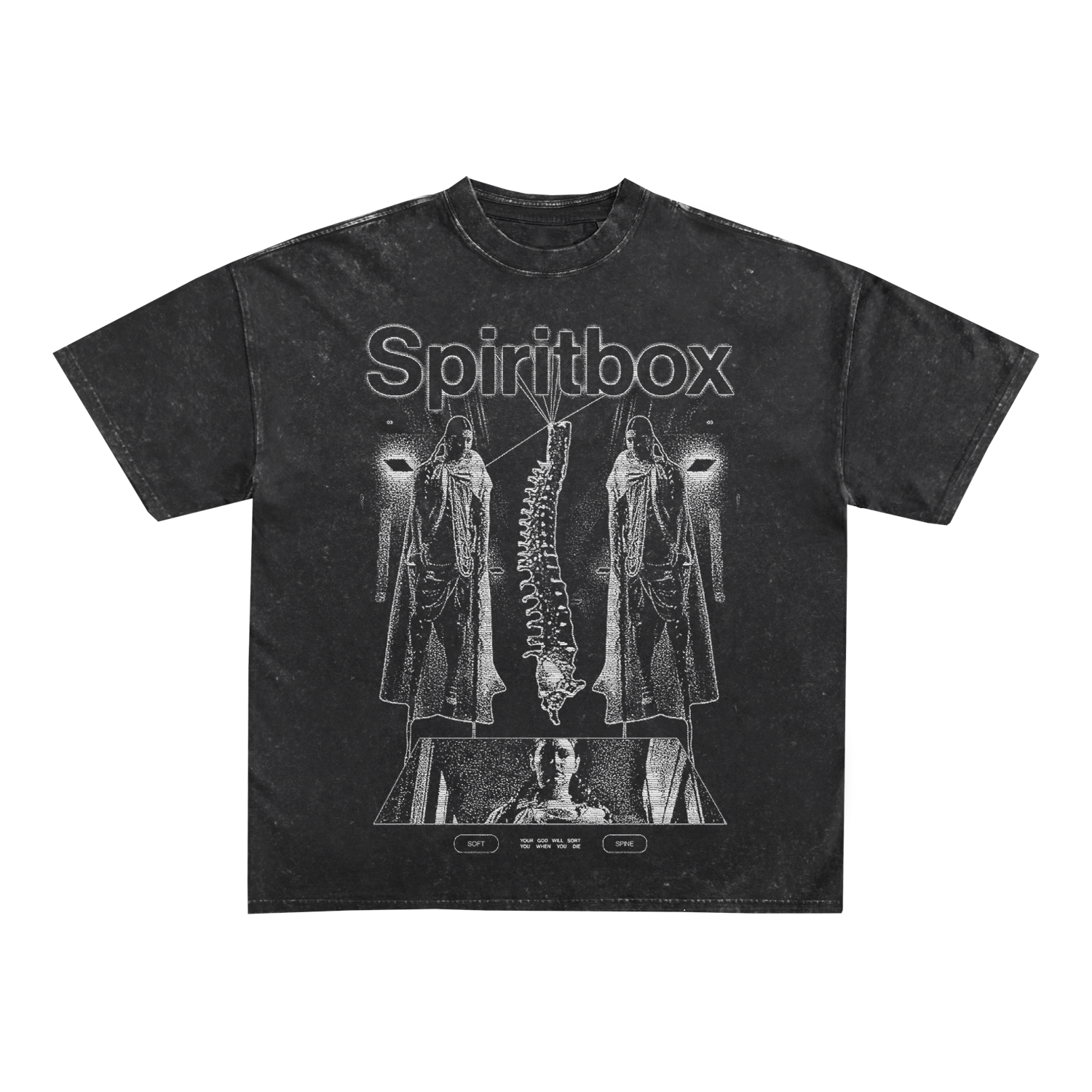 A premium black Spiritbox t-shirt with distressed white art: “Spiritbox” at the top, two hooded figures, a dangling spine, and a woman's face in a rectangle—crafted using high-quality Los Angeles apparel.