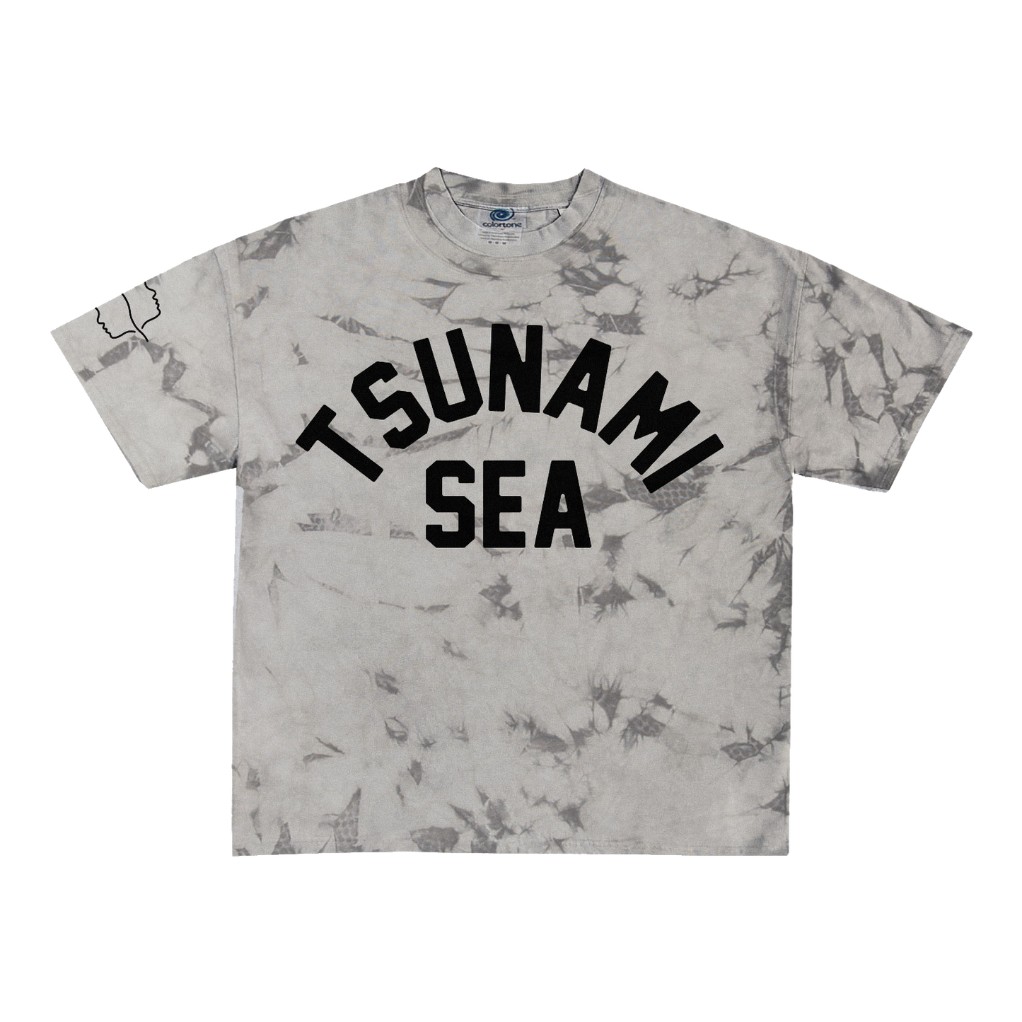 A Spiritbox gray crystal dye t-shirt featuring bold black "TSUNAMI SEA" text across the chest and a small black outlined graphic on the left sleeve.