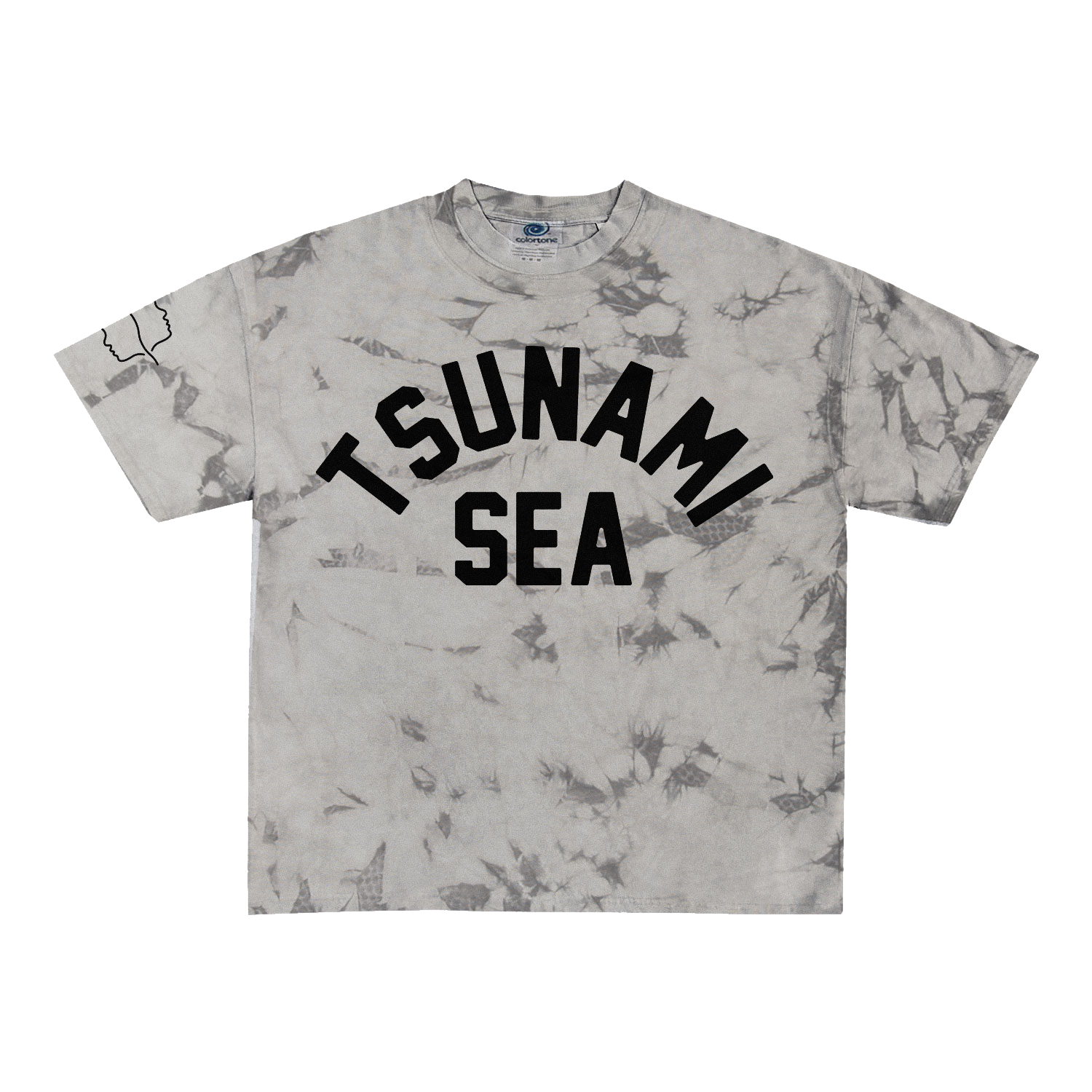 A Spiritbox gray crystal dye t-shirt featuring bold black "TSUNAMI SEA" text across the chest and a small black outlined graphic on the left sleeve.