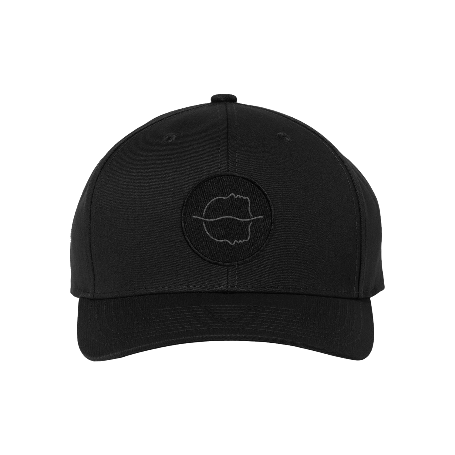 A black Spiritbox snapback hat with a subtle, embroidered circular abstract line logo on the front, shown against a plain white background.