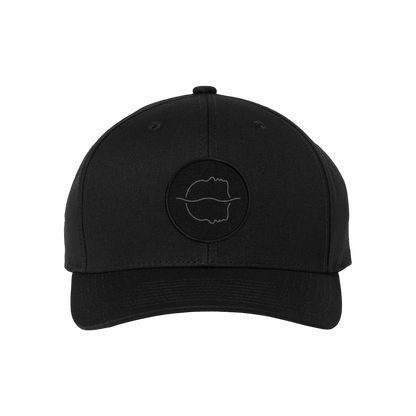A black Spiritbox snapback hat with a subtle, embroidered circular abstract line logo on the front, shown against a plain white background.