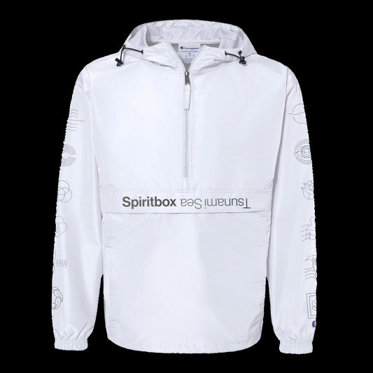 A white Spiritbox pullover windbreaker with a half-zip front, black hood drawstrings, grey reflective abstract line art on the sleeves, and "Spiritbox Tsunami//Sea" printed on the front pocket flap.
