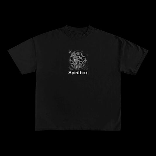 A black Spiritbox t-shirt with a bold white circular abstract design above the band's name in striking white letters—ideal for fans of standout printed apparel.
